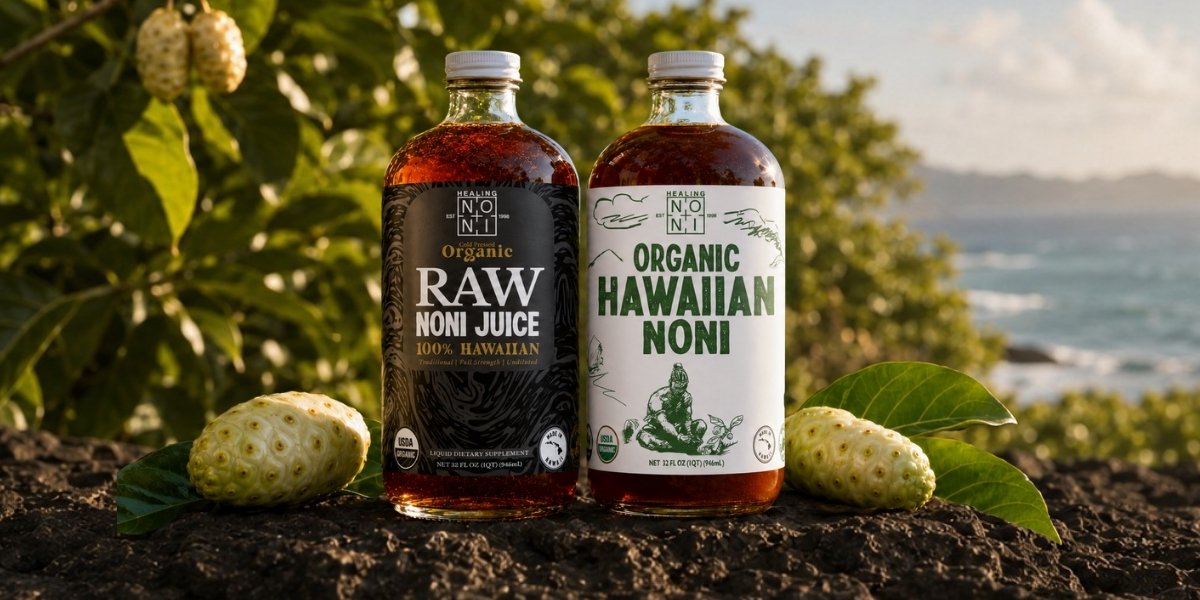Healing Noni Organic Raw Noni Juice and Pure Hawaiian Noni Juice bottles displayed with fresh noni fruit on the Hawaiian coast.